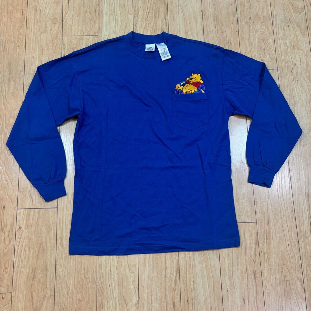 VTG Disney Store Winnie The Pooh Embroidered Pocket Long Sleeve Blue T-Shirt Lg